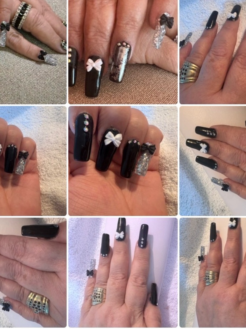 Black & Silver Rhinestone Bow Press-On Nails - Elegant Black Nail Set